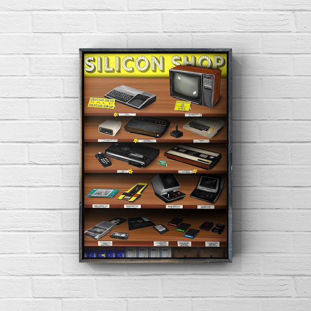 Computer store shelves filled with retro computers and consoles artwork by Mark Taylor